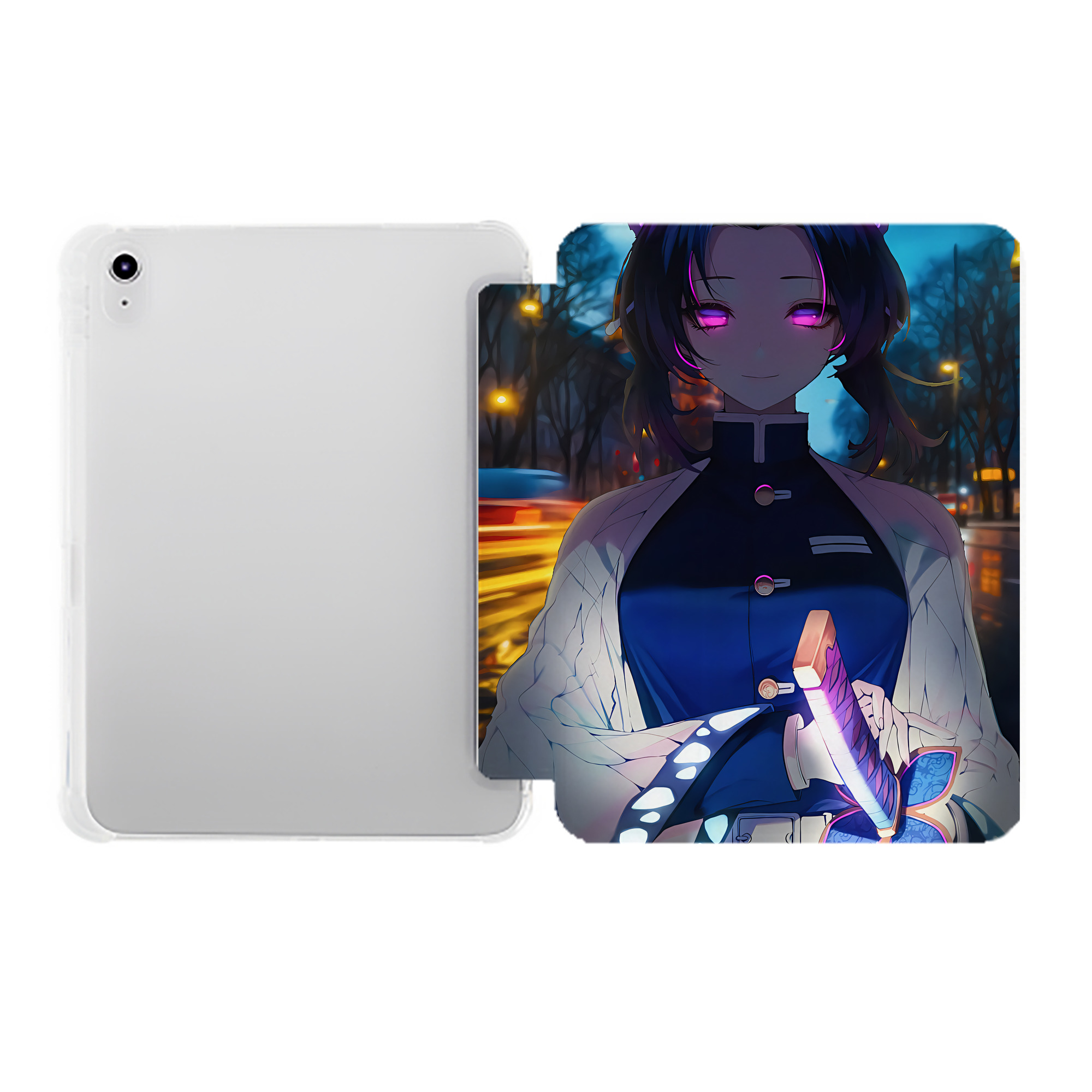 （画像用） 鬼滅の刃（きめつのやいば）蟲柱-胡蝶 しのぶ／こちょう しのぶ Kochou Shinobu IPad ケース ペン収納付き 三つ折りスタンド PUレザー×シリコン 対応機種9.5/10.5/10.9インチ